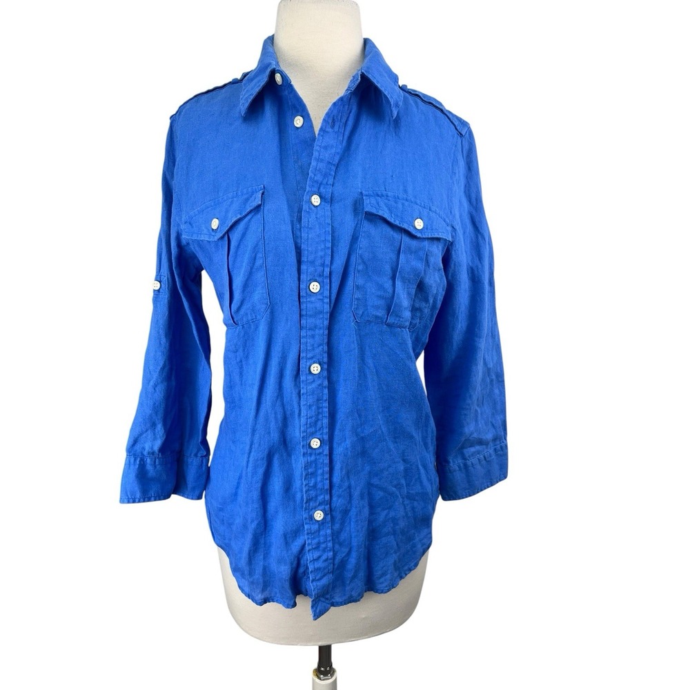 Ralph Lauren Sport 100% Linen Safari Shirt Women's sz 10 Blue Long Sleeve Camp